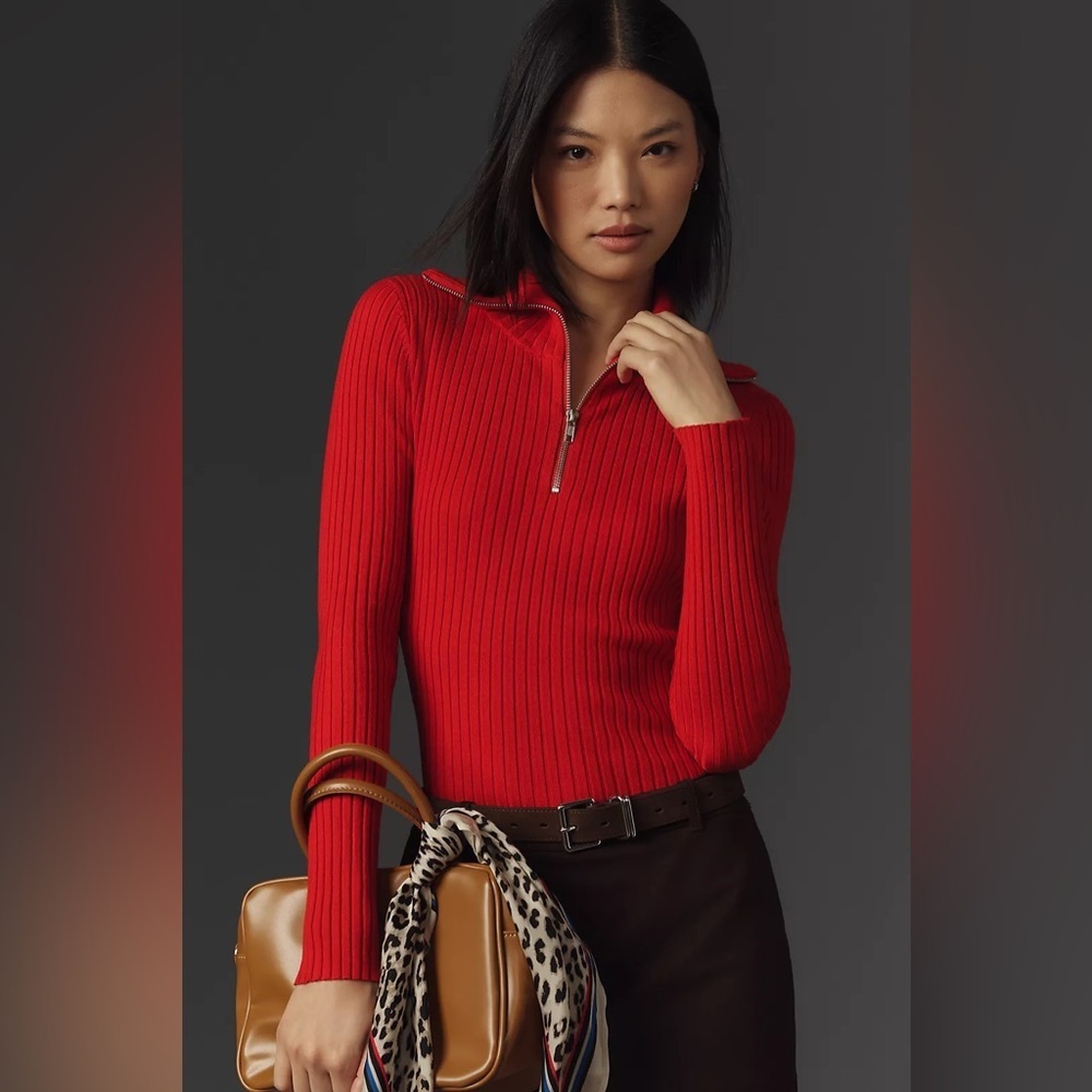 NWT Size M - Maeve Fitted Half-Zip Sweater in Red